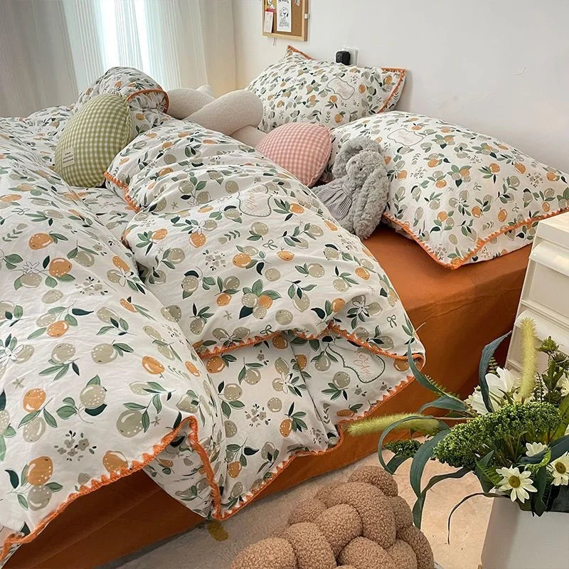 Bedding Set INS Girls Cherry Soft Washed Cotton Bed Sheet Queen King Size Duvet Set Comforter Set Pillowcase Bed Linens