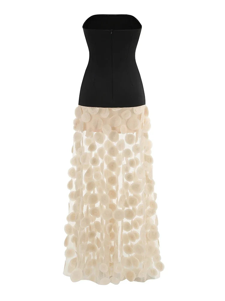 Black Strapless Dot Mesh Long Dress �A-Line Empire Waist