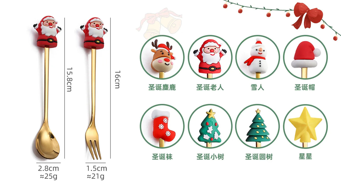 6/4/2PCS Christmas Gift Glod Spoon Fork Set Elk Christmas Tree Decoration Dessert Scoop Fruit Fork Coffee Spoon Cutlery Set