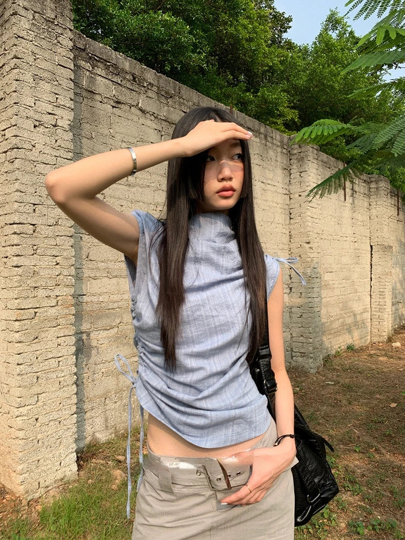 Striped Irregular Drawstring Lace Up High Neck Tees