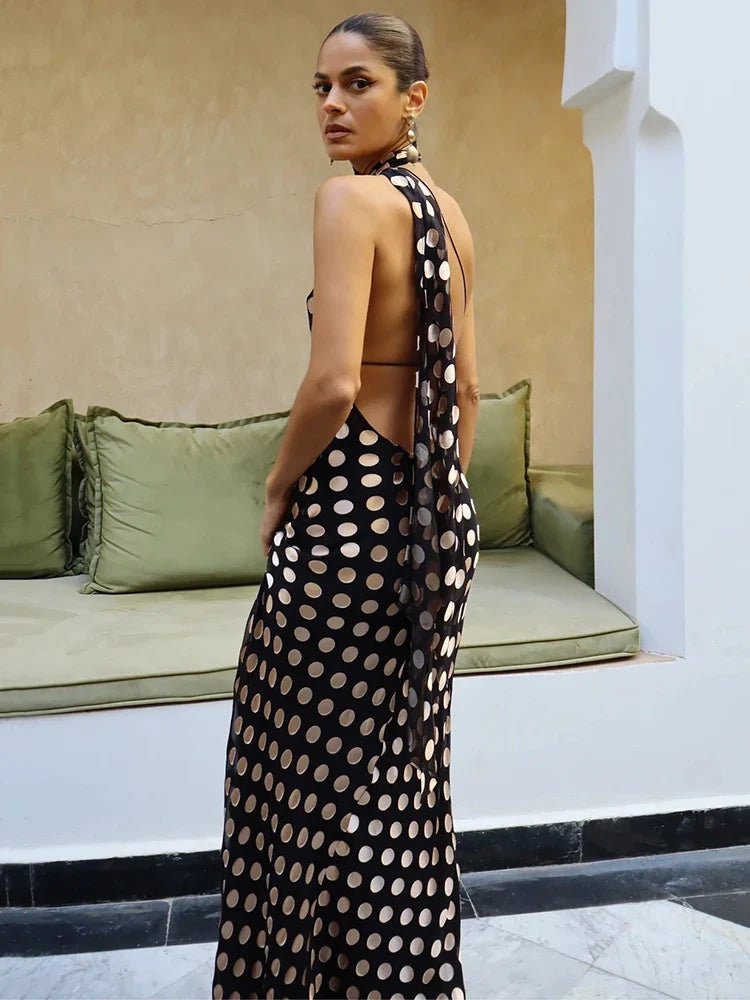 Black Polka Dot Halter Drape Midi Dress