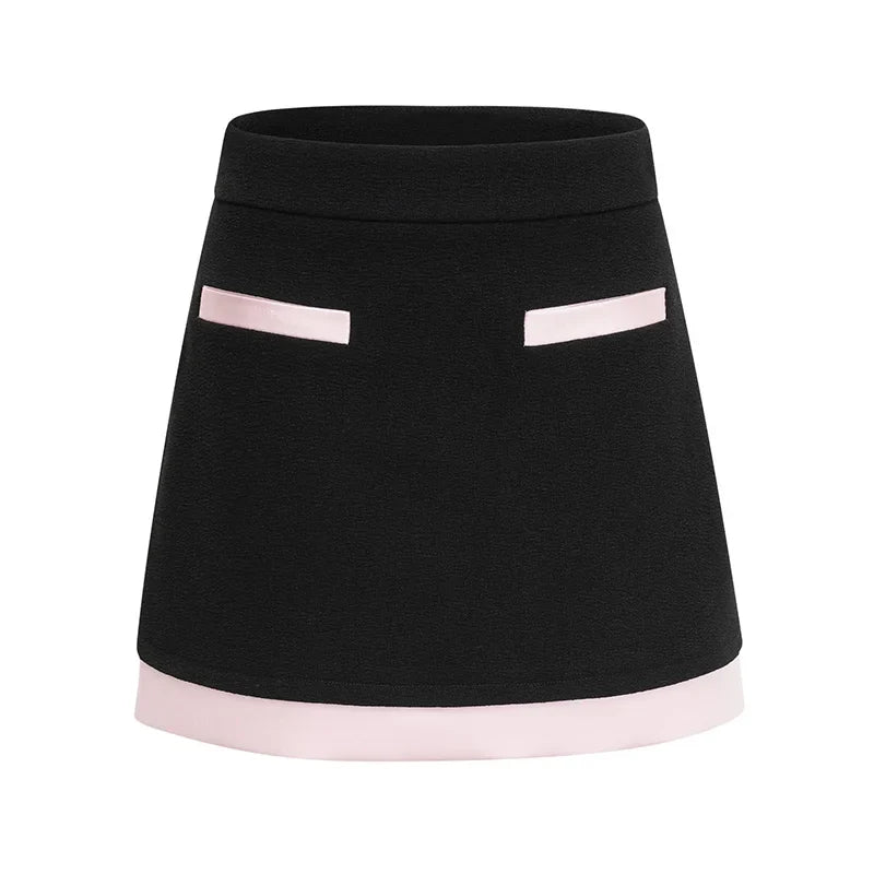 Black Blazer With Pink Satin Satin Contrast And Mini Skirt Set