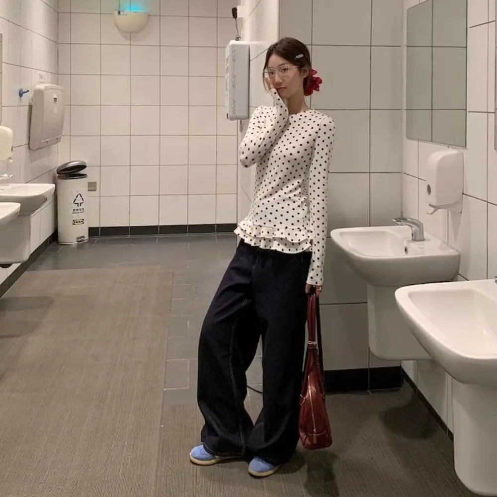 Polka Dot Ruffle Trim Long Sleeve T-Shirt