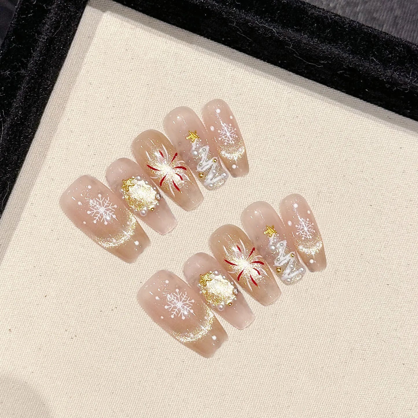 10Pcs Christmas Handmade Press on Nails Full Cover Fireworks Cat Eye Cute Pearl Rhinestone Wearable French Ballet Fake Nails Art