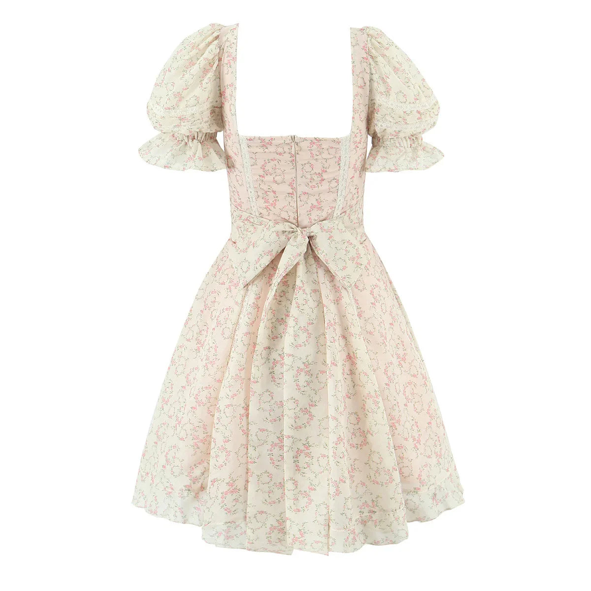 Beige Puff Sleeve Printed Mini Dress