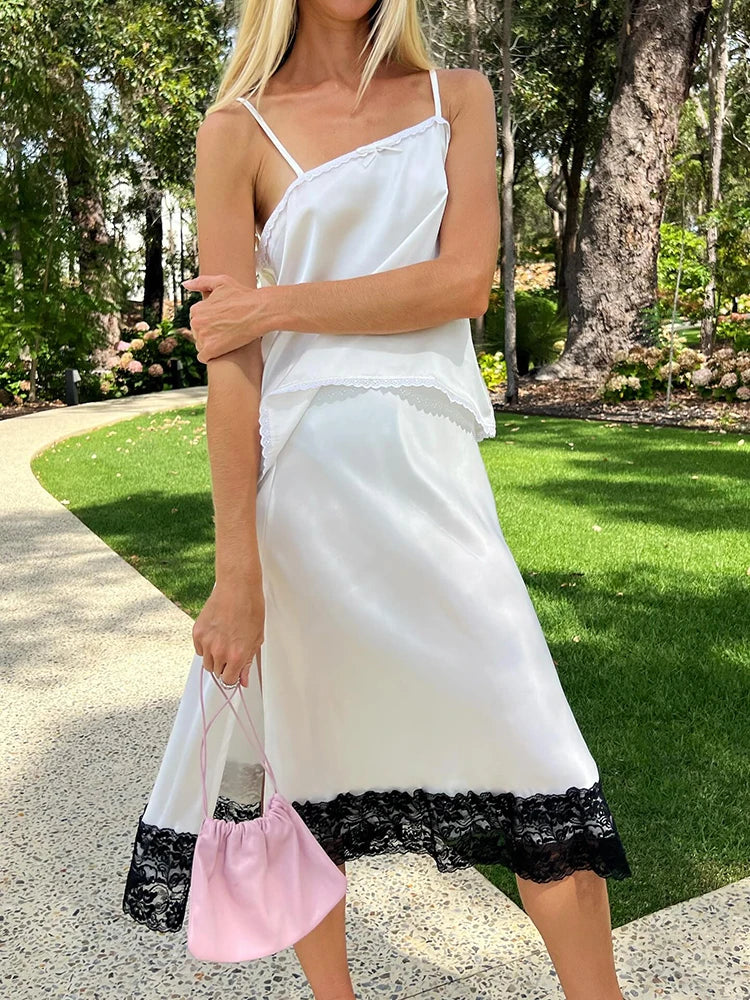 Satin Lace Trim Midi Skirt