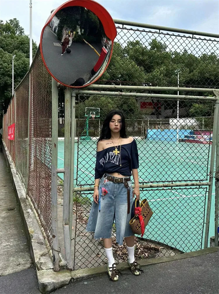 Blue East Cost Off Shoulder Graphic T Shirts