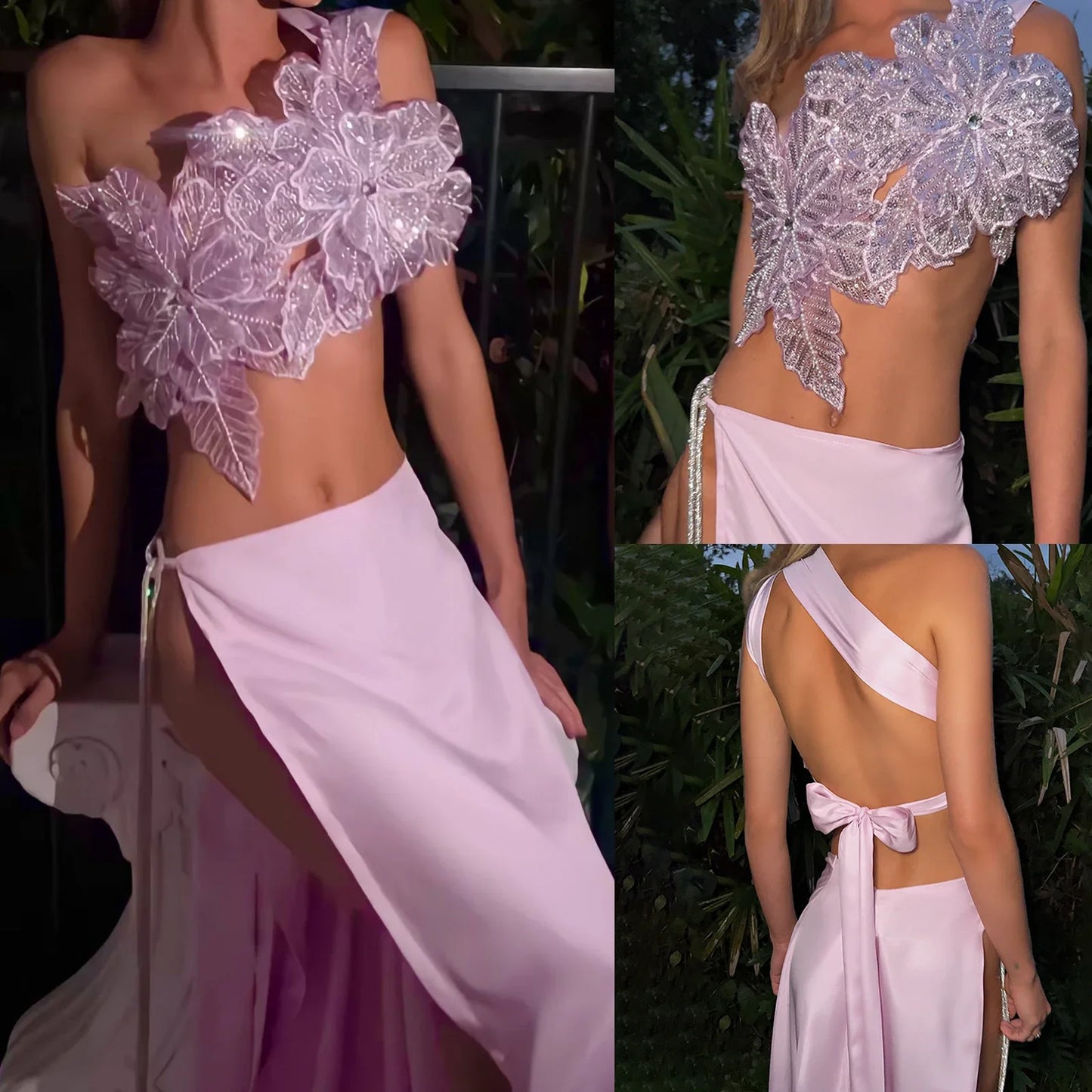 3D Layered Flower Rhinestone Bra Bow Tied Top
