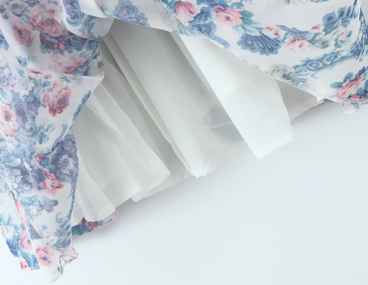 Blue Printed Short Sleeve Bustier Mini Dress