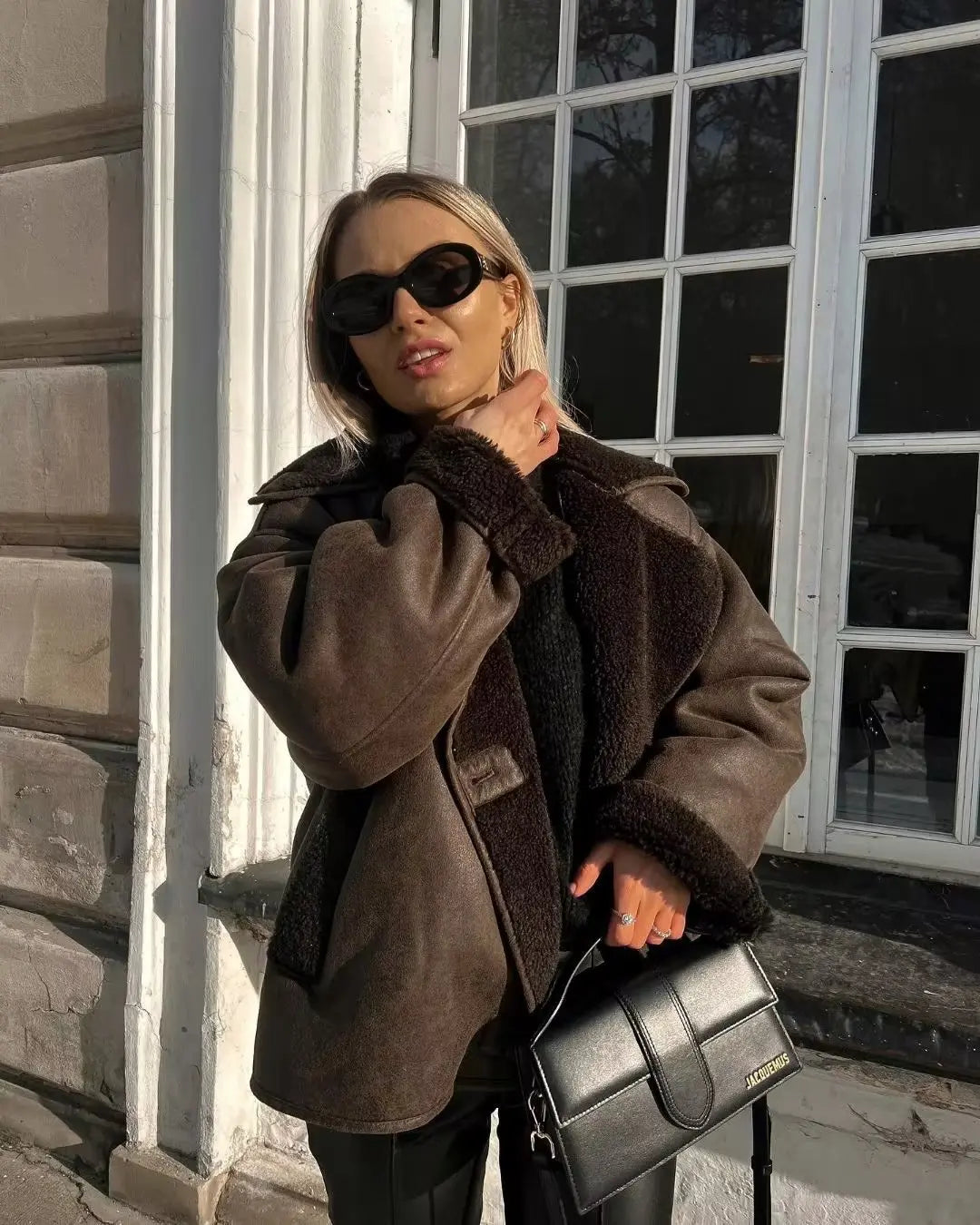 Brown Faux Leather Black Lining Fur Jacket