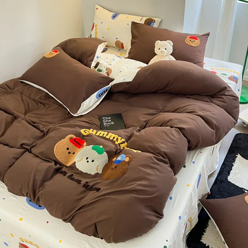 Ins Cartoon Panda Bedding Set Towel Embroidery Duvet Cover Queen Twin Full Size Grey Bed Flat Sheet Quilt Cover Pillowcases