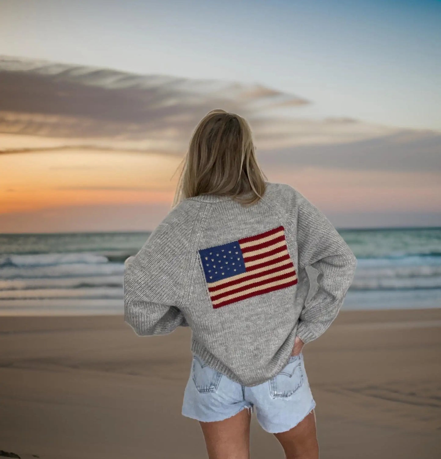 American Flag Cardigan - Loose Fit V-Neck Knit