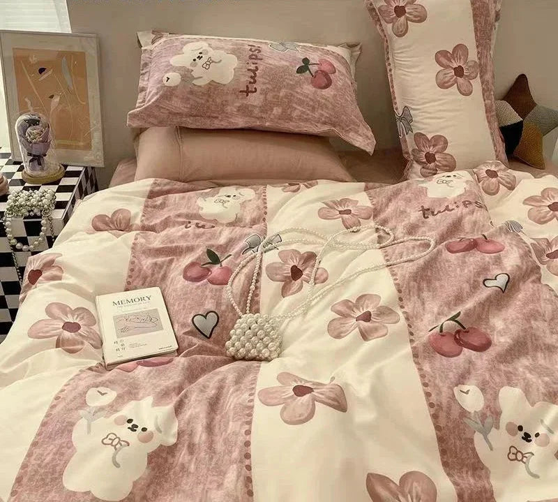 INS Pink Solid Color Bedding Set Girls Boys Single Double Size Flat Sheet Duvet Cover Pillowcase Bed Linens Home Textile