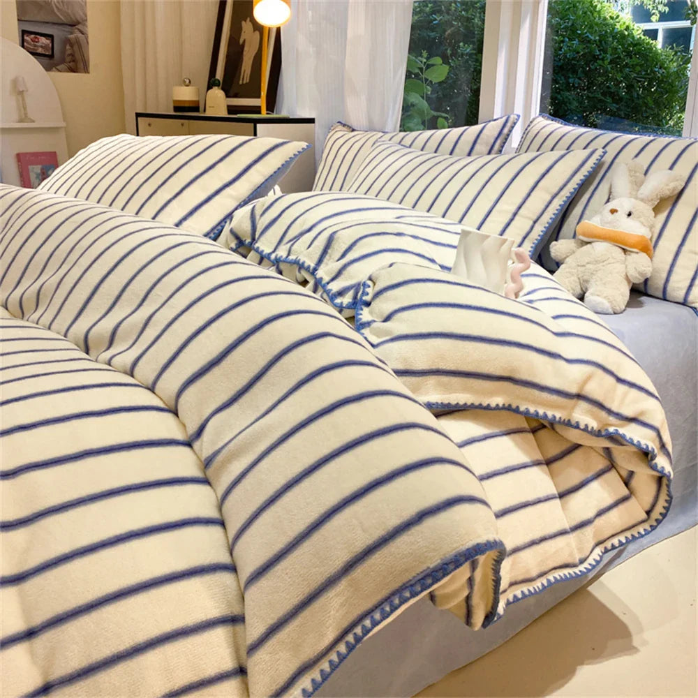 Stripe Milk Velvet Bedding Set Queen Thickened Duvet Cover Set Bedroom Decor Winter 4 Piece Set Quilt Cover Pillowcase Bed Sheet