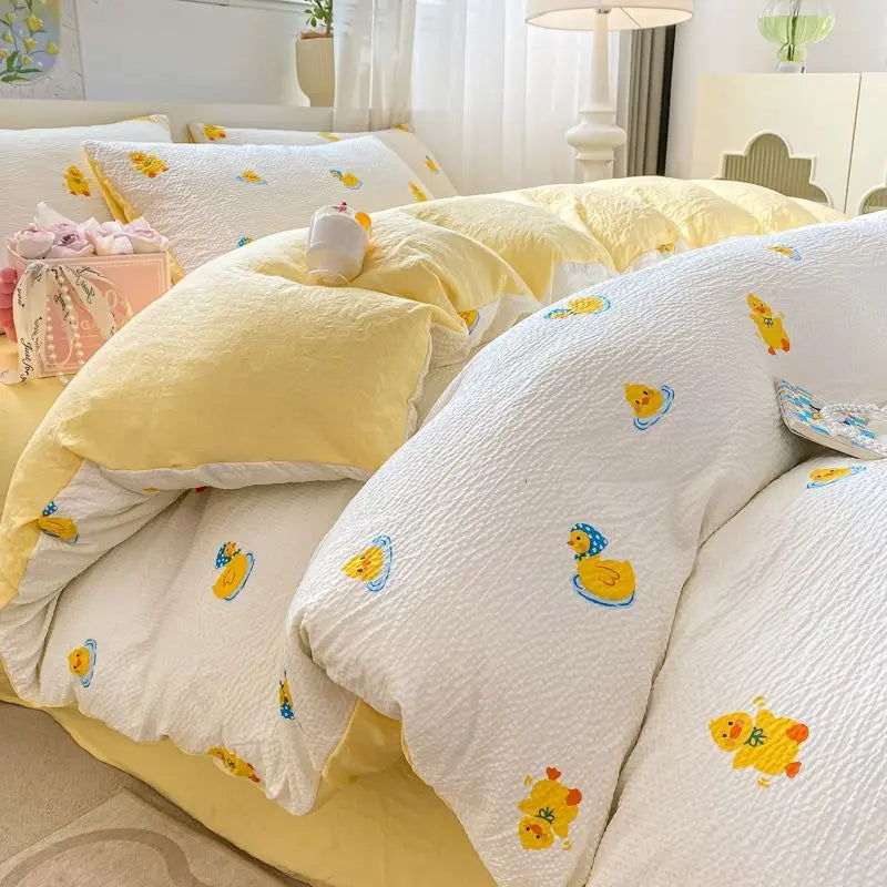 Romantic Floral Duvet Cover Set No Filler Soft Seersucker King Single Szie Pillowcases Flat Sheet Home Decoration Bed Linens