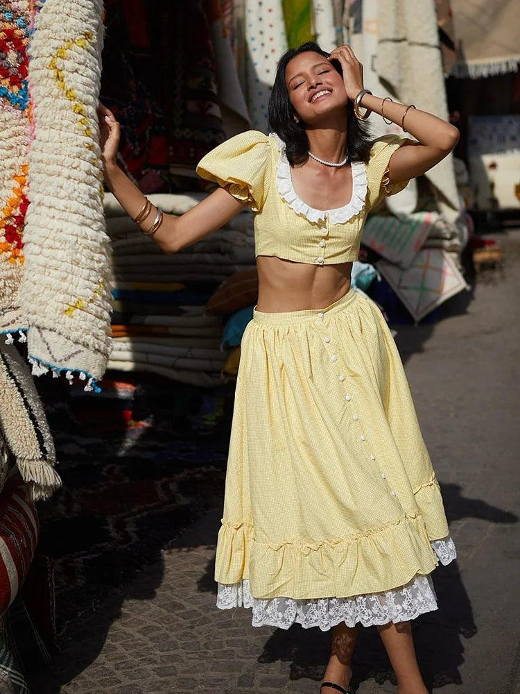 Yellow Gingham Printed Crop Top And Maxi Skirt Set
