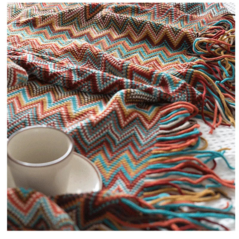 Bohemian Style Blanket Tassels Shawl Yarn Dyed Blanket Sofa Towel manta Home Bedside Blanket Decoration Plaid (No Pillowcase)