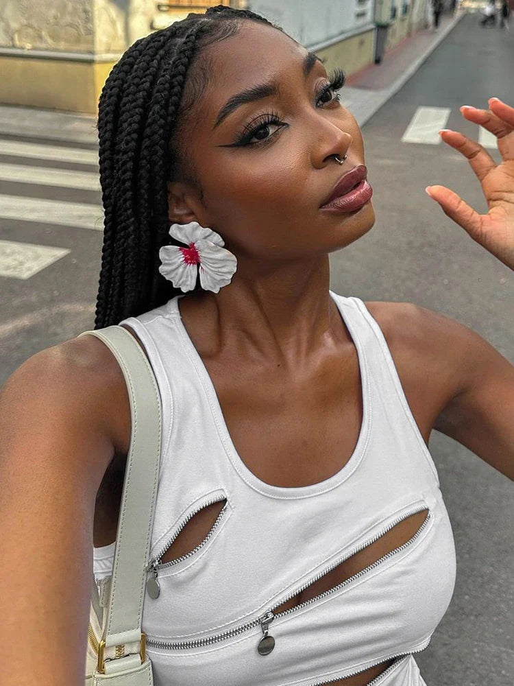 White Zipper Slit Tank Top