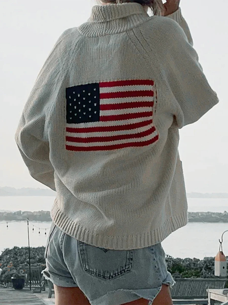 American Flag Cardigan - Loose Fit V-Neck Knit
