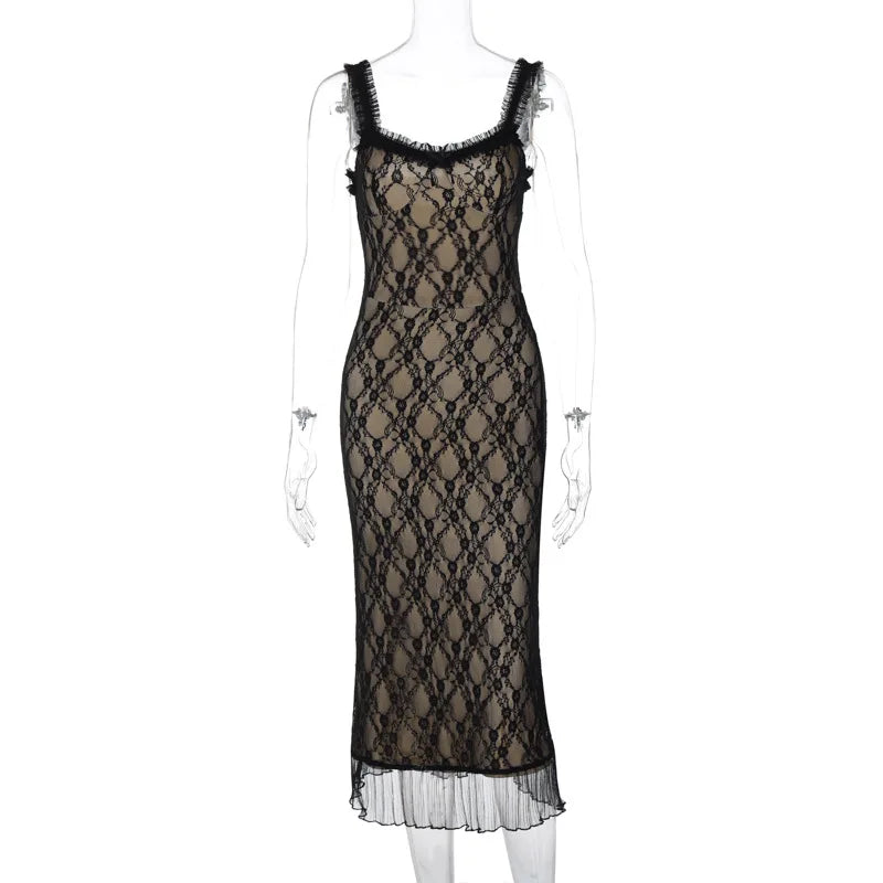 Black Lace Layered Midi Dress