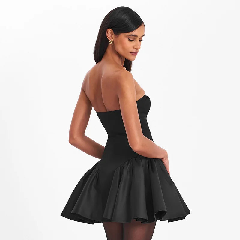 Black Flare Gold Buttoned Strapless Mini Dress