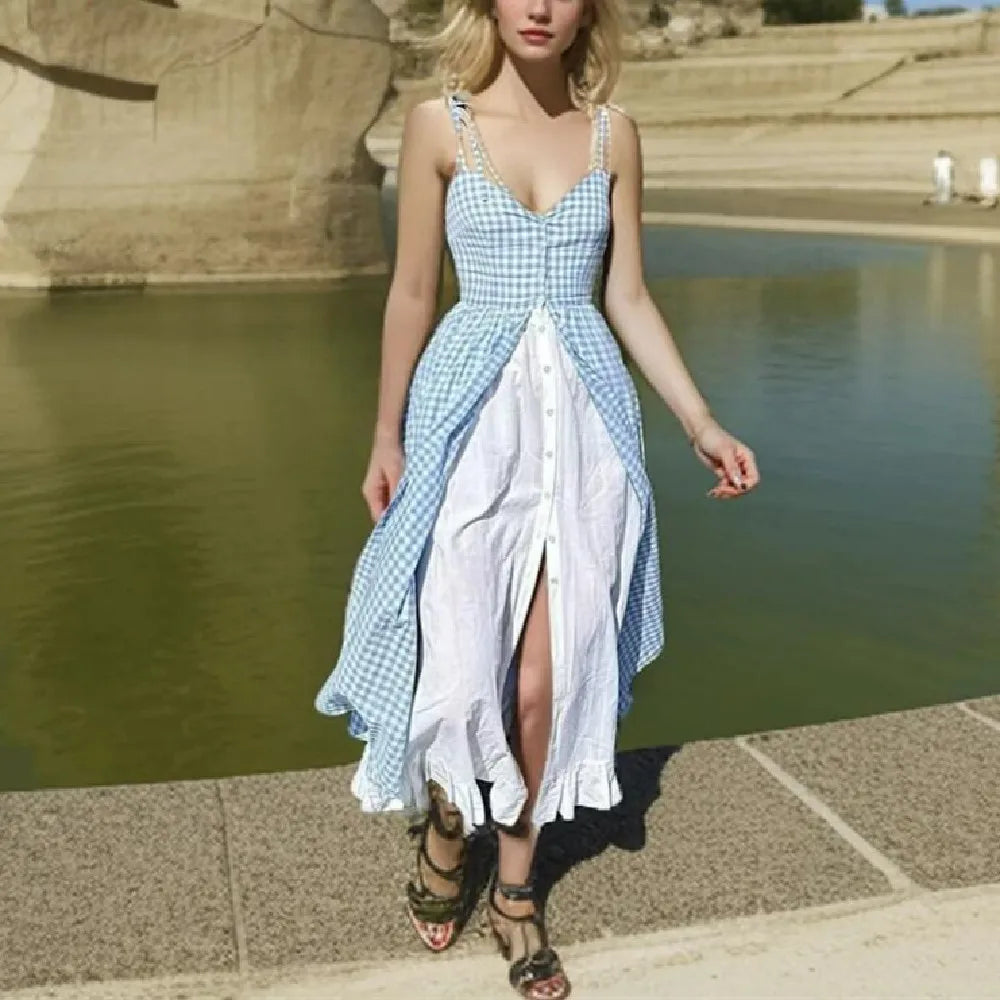 Blue High Slit Tie Up Stripe Midi Dress