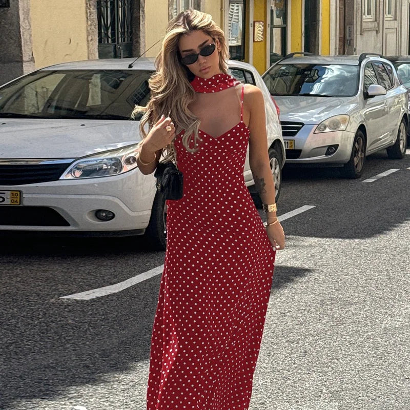 Scarf Spaghetti Strap Polka Dot Maxi Dress