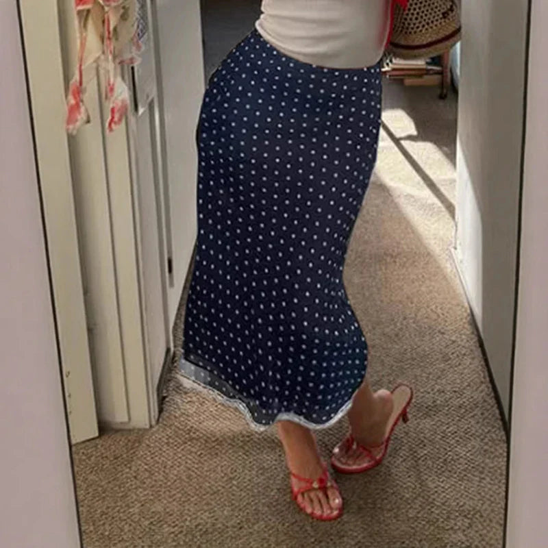 Blue Polka Dot Lace Trim Midi Skirt