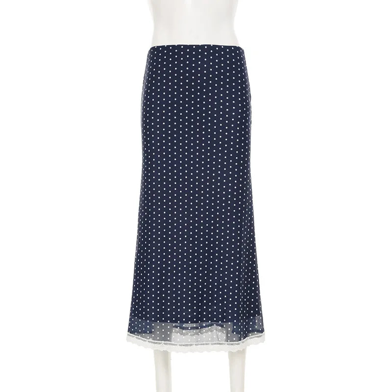 Blue Polka Dot Lace Trim Midi Skirt
