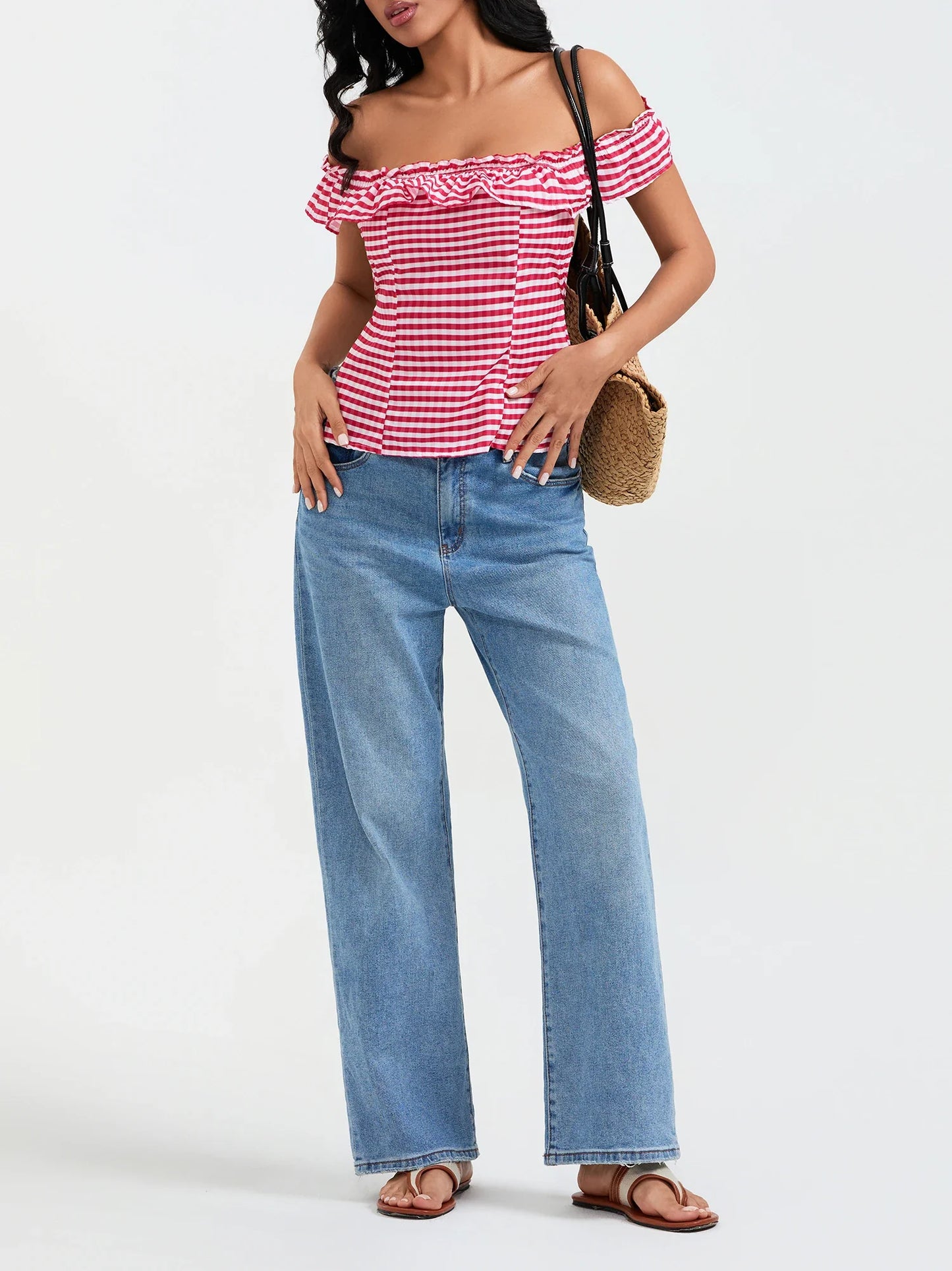 Red Plaid Off Shoulder Ruffles Top