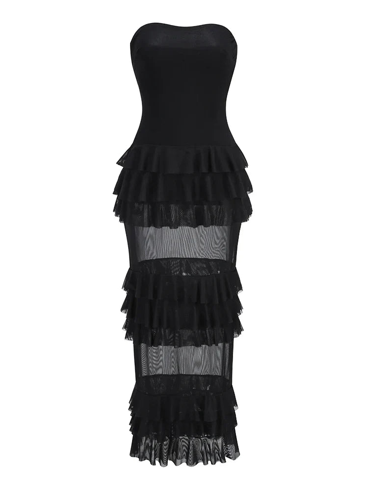 Black Ruffles Patchwork Strapless Maxi Dress