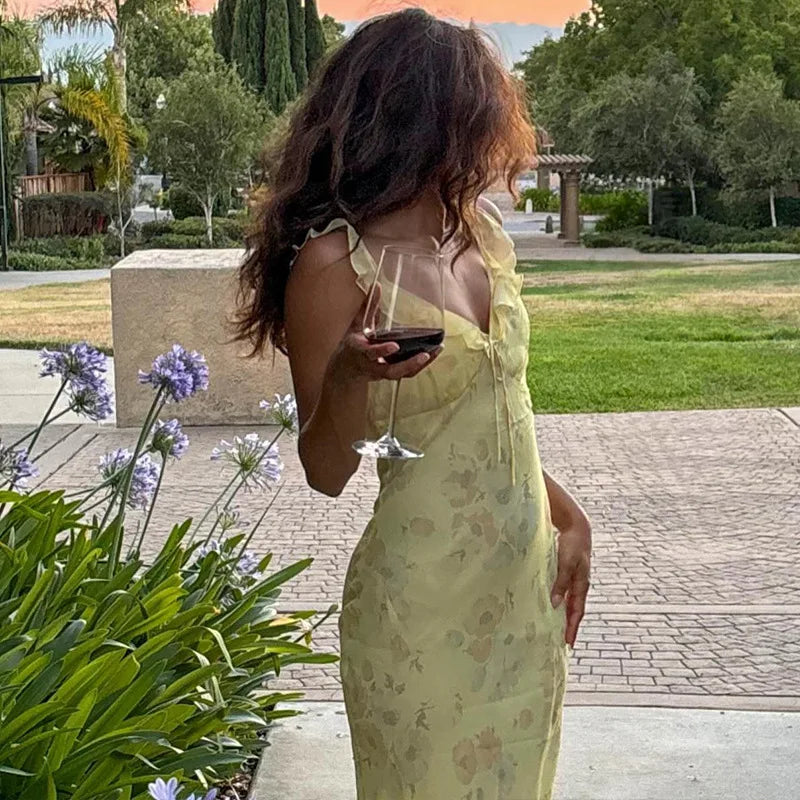 Yellow Floral Frill Strap Midi Dress