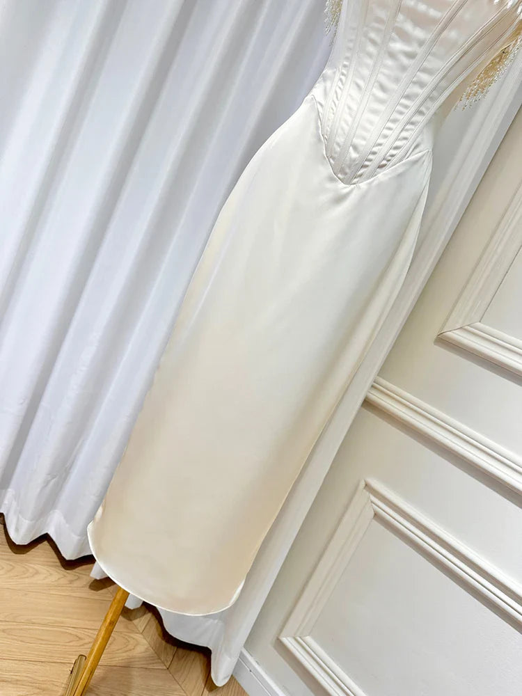 Satin Pearl Tassel Corset Tube Midi Dress