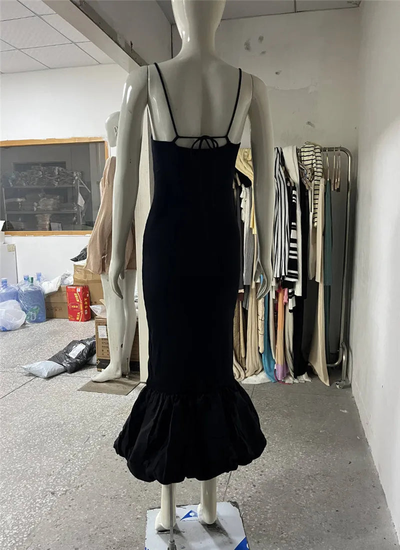Black Spaghetti Strap Balloon Fishtail Midi Dress