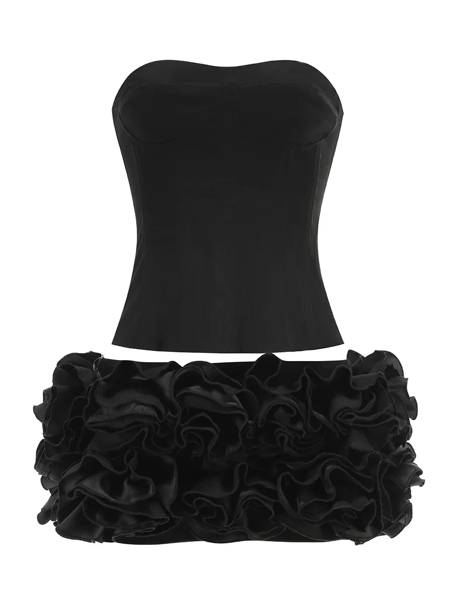 Corset Top And 3d Flower Micro Skirt Set
