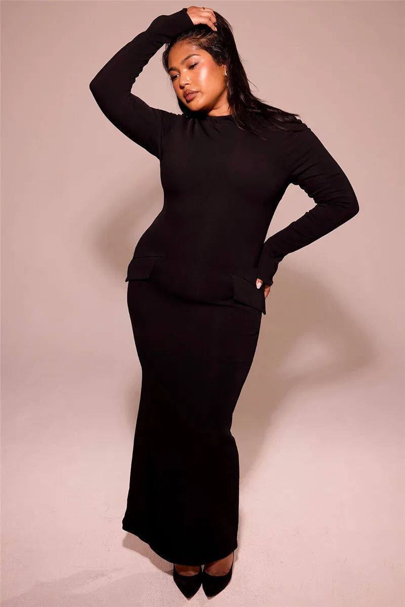 Black Long Sleeve Solid Mock Neck Maxi Dress