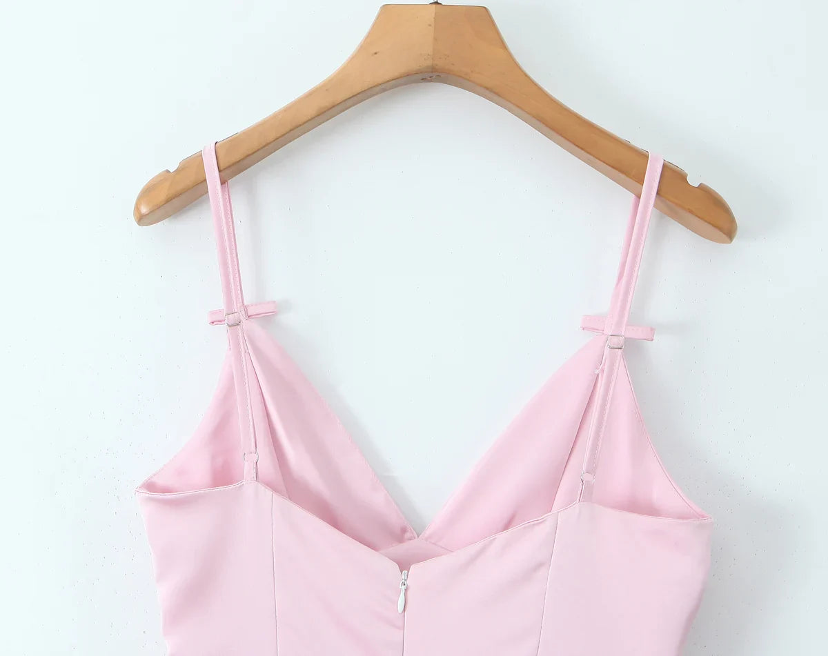 Pink Satin V-neck Bow Strap Flare Midi Dress