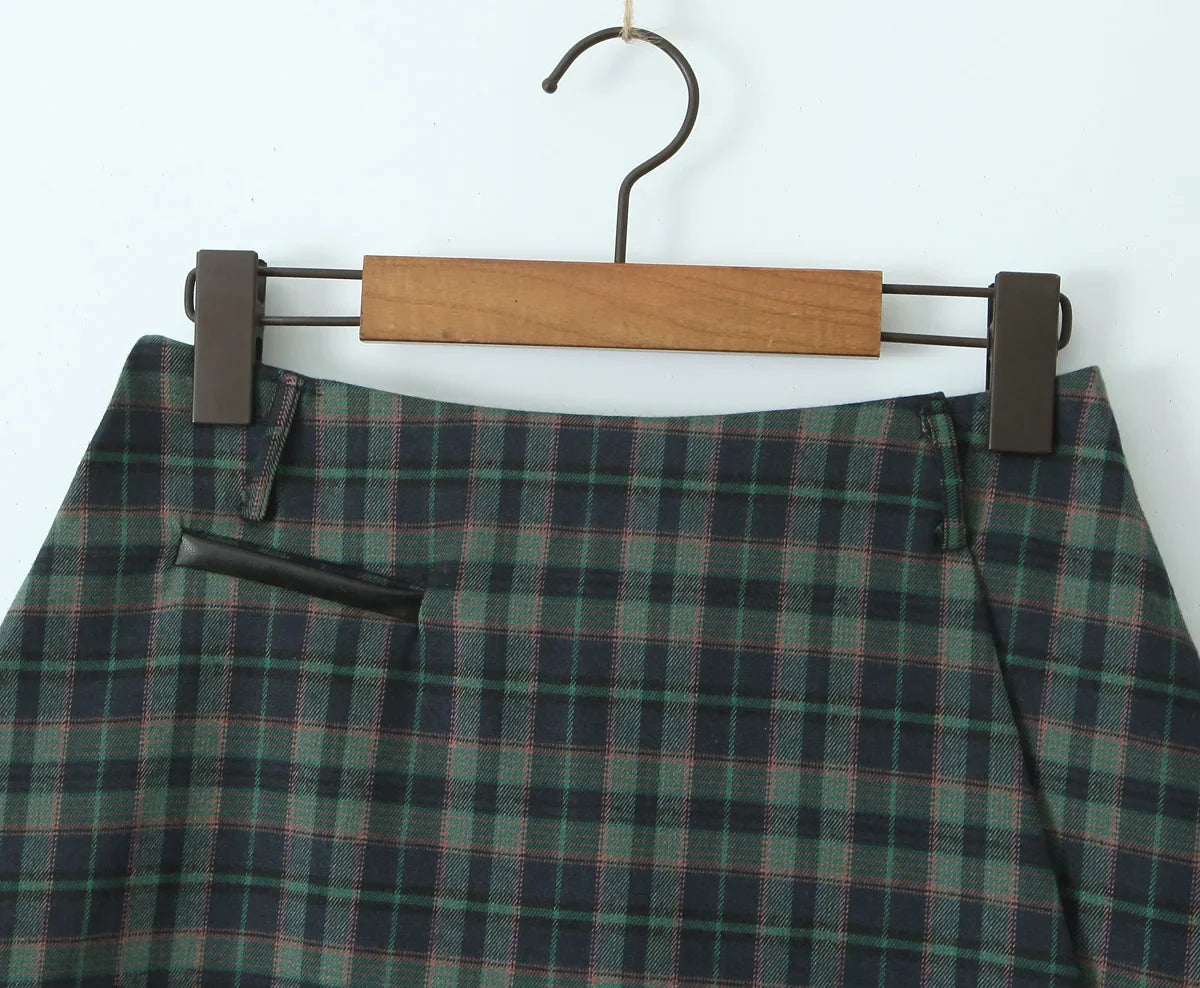 Dark Green Plaid Pleated Skirt