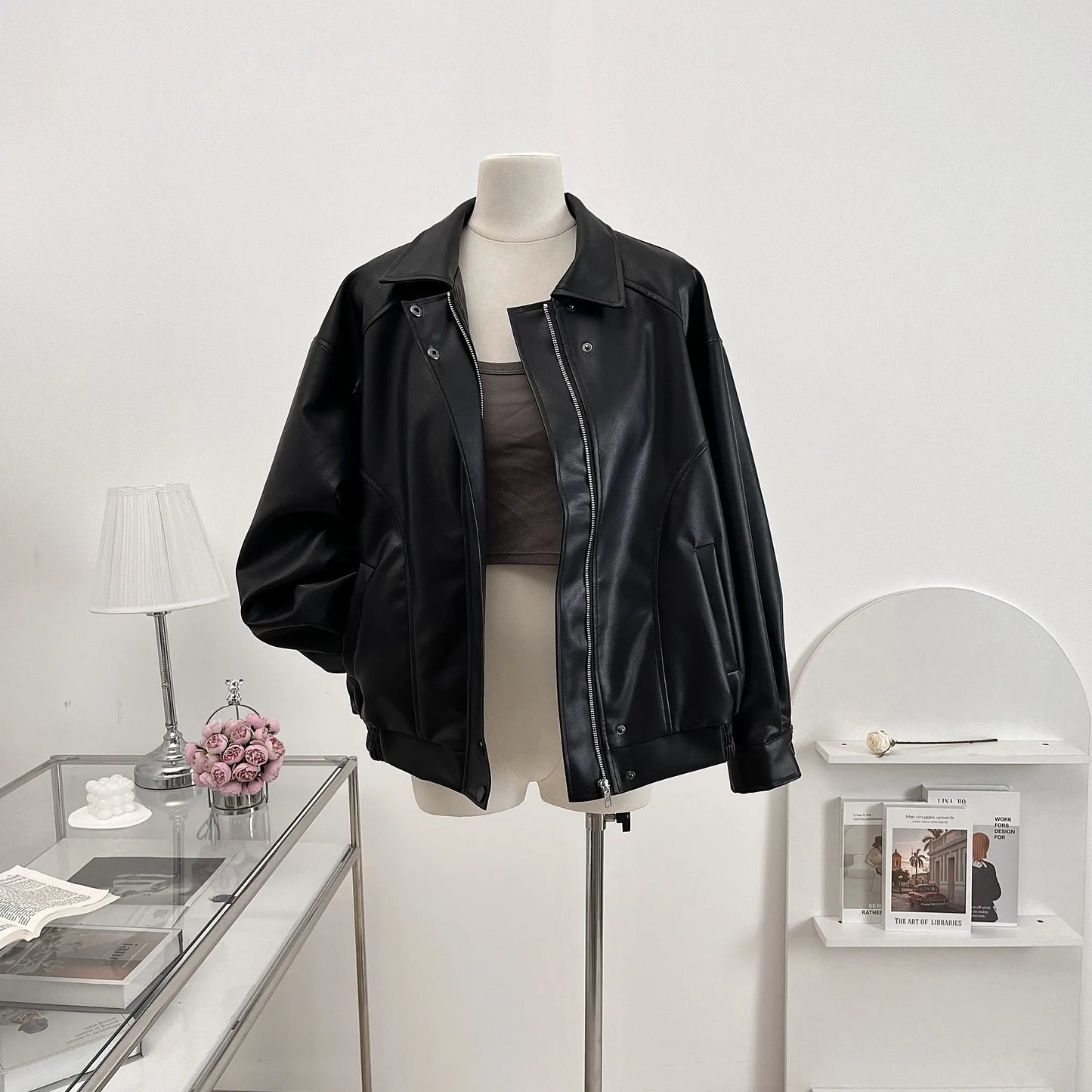Faux Leather Zipper Over-shirt Jacket