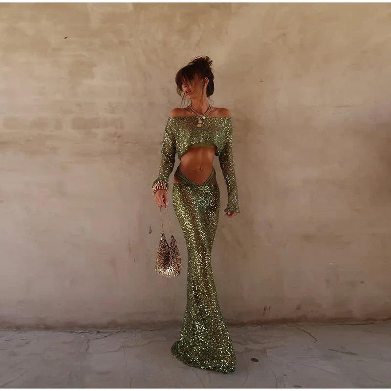 Green Sequin Long Sleeve Top And Maxi Skirt Set