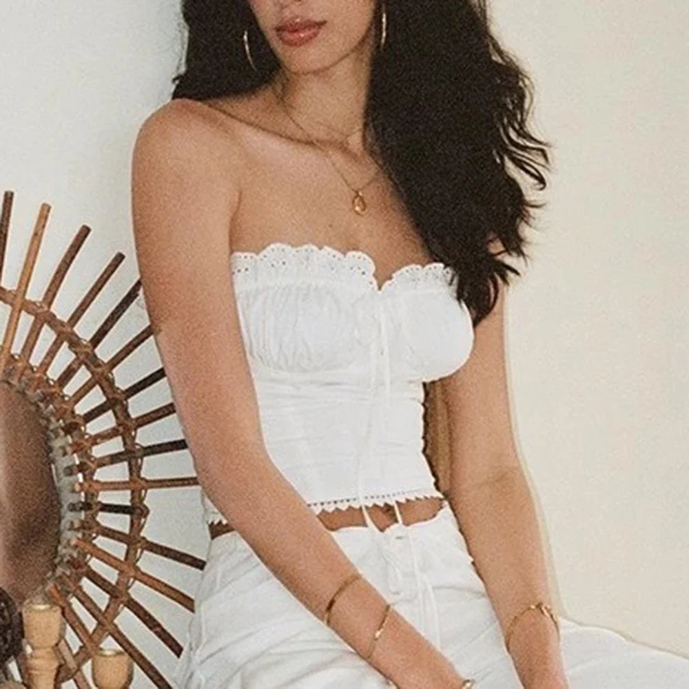 Tube White Eyelet Design Crop Top