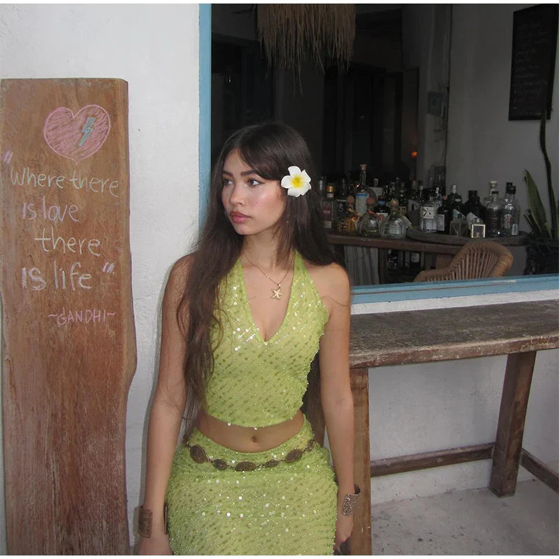 Green Sequin V-neck Halter Tie And Midi Skirt Set