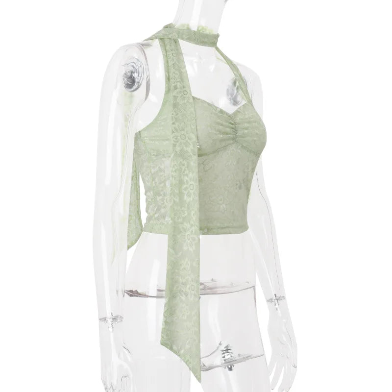 Green Lace Crop Scarf Top