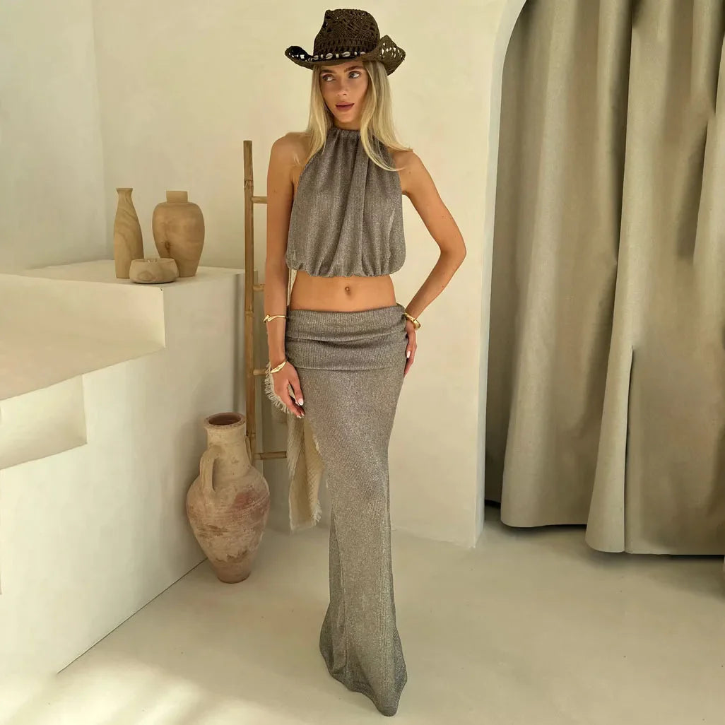 Sheer Knit Hater Top And Maxi Skirt Set