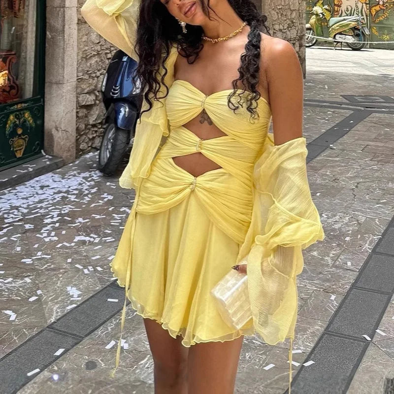 Yellow Strapless Cut Out Mini Dress