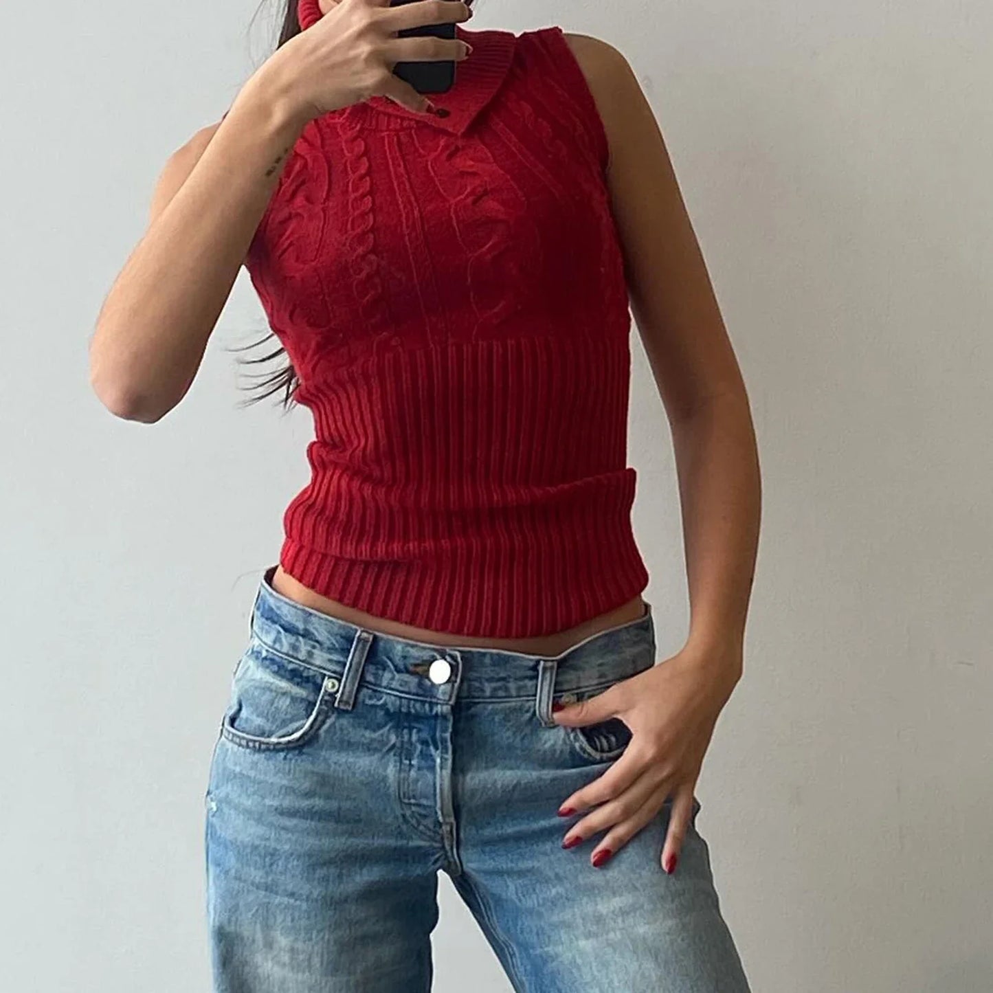 Knit Turtleneck Buttoned Tank Top With Removable Sleeve