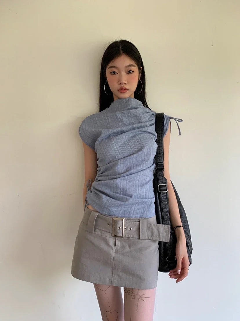 Striped Irregular Drawstring Lace Up High Neck Tees
