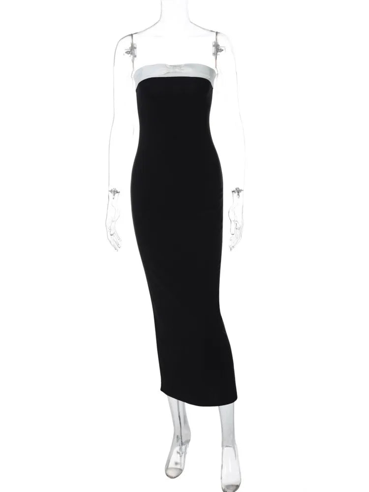Black Strapless White Satin Bow Midi Dress