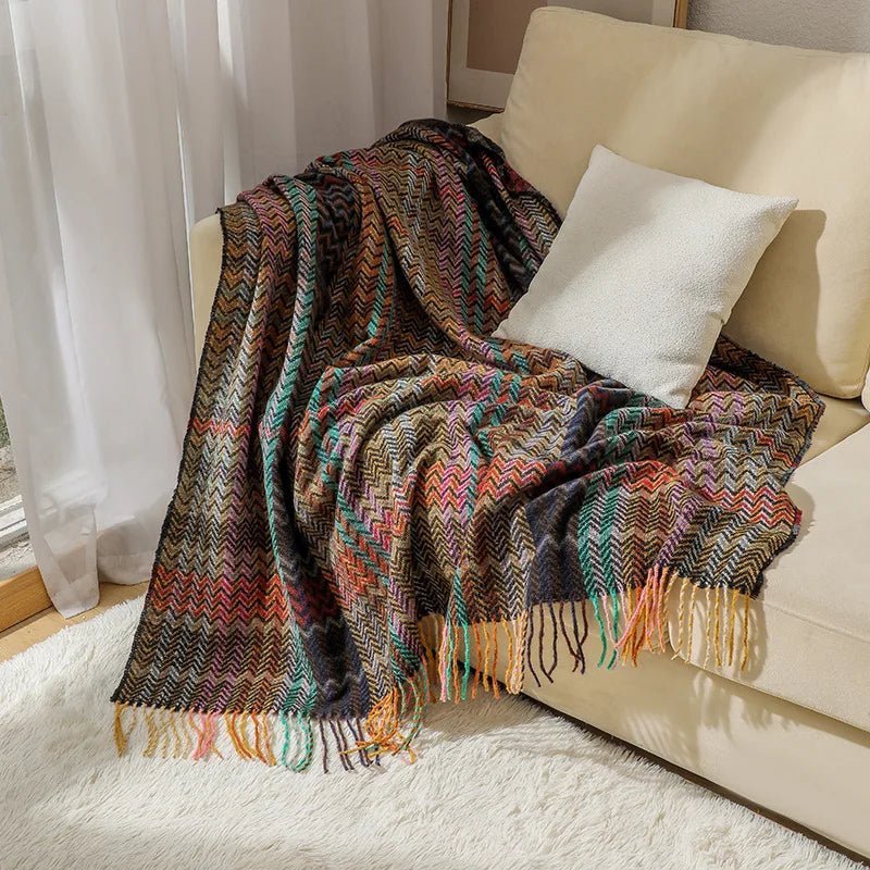 Textile City Ins Ethnic Style Woven Sofa Blanket Wavy Tassel Casual Shawl Throw Blanket Room Decor Acrylic Shawl 127x172cm