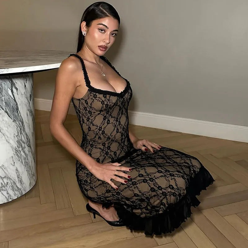 Black Lace Layered Midi Dress
